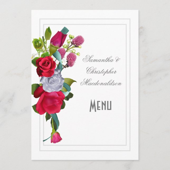 Menú boda de ramo floral de rosa roja (Anverso)