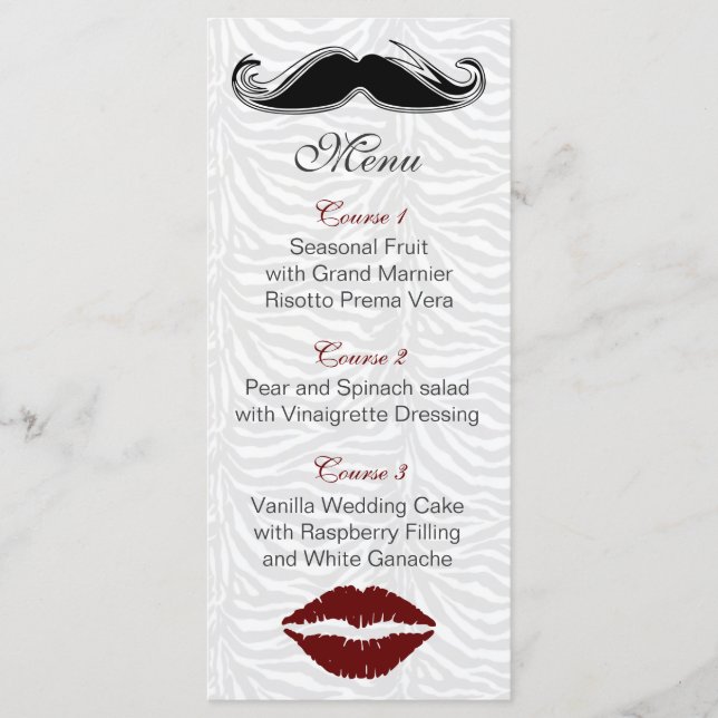 menú boda de rayas de cebra y bigote (Anverso)