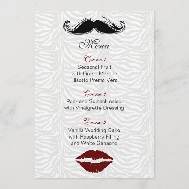 menú boda de rayas de cebra y bigote (Anverso)
