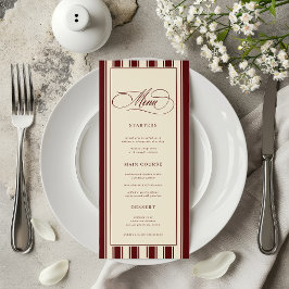 Menú Boda de rayas de marfil y borgoña con borde retro