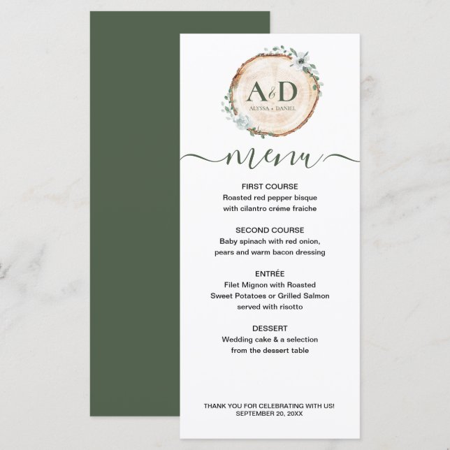 Menú Boda de Rebanada de Madera Botánica Cena (Anverso / Reverso)