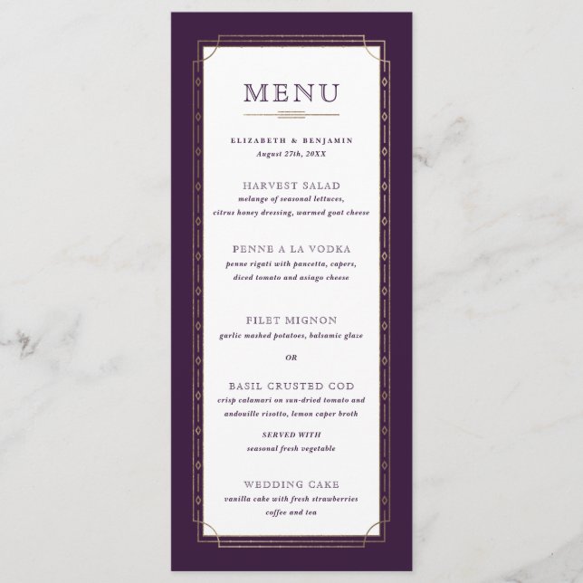 Menú Boda de Relieve metalizado dorado púrpura de cirue (Anverso)