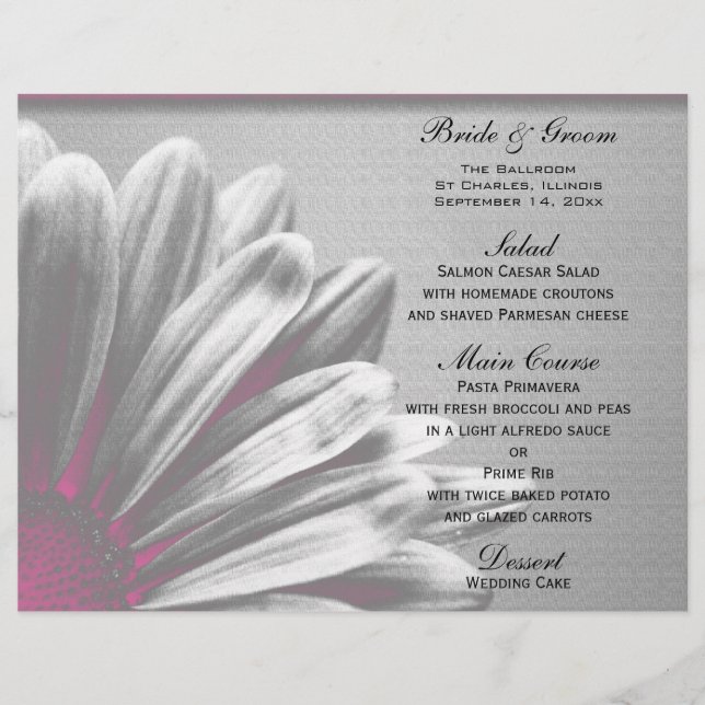 Menú Boda de resaltados florales rosas y grises (Anverso)