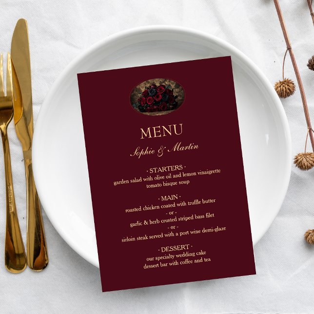 Menú Boda de Romance Gótico Oscuro Burgundy con Foto Pe (Subido por el creador)