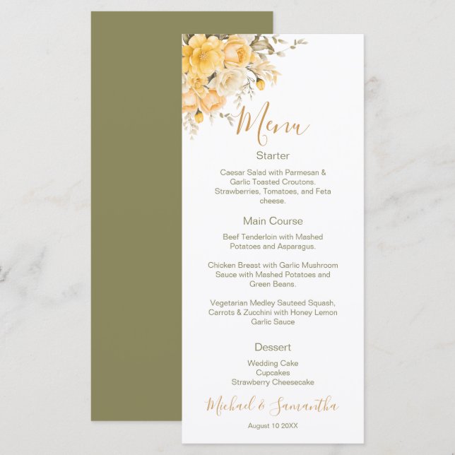 Menú Boda de Rosa Amarilla e Ivory Elegante (Anverso / Reverso)