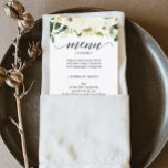 Menú Boda de rosa blanca o tarjeta de menú de duch<br><div class="desc">Muestra tu delicioso menú en estas preciosas cartas - ¡el tamaño perfecto para colocar en cada plato! Este diseño presenta una bonita fuente clásica negra. Edite fácilmente las selecciones de comida,  nombre y fecha!</div>