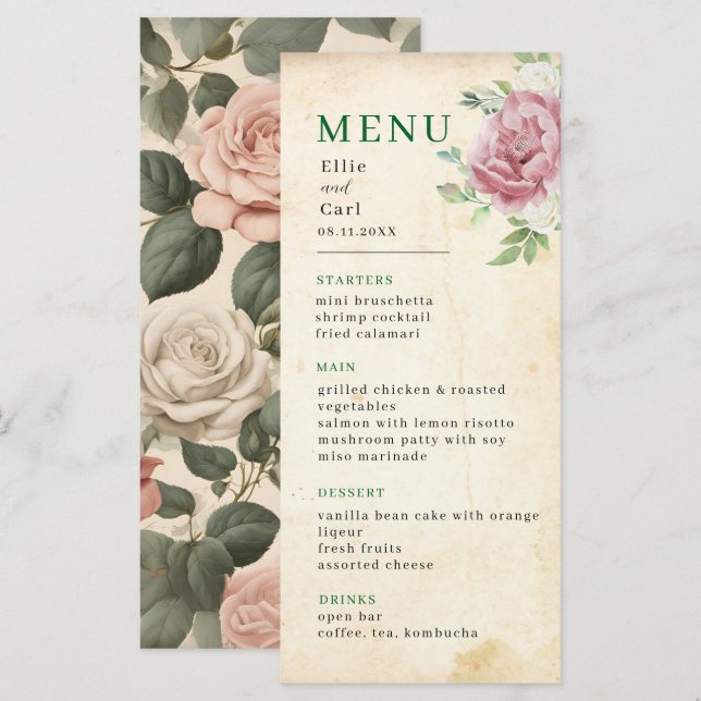 Menú Boda de Rosa con relleno (Anverso / Reverso)