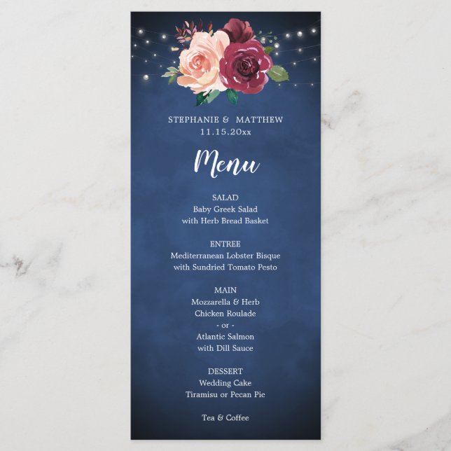 Menú Boda de Rosa de Borgoña de la Marina Azul Rub (Anverso)