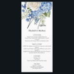 Menú Boda de rosas blancas de la hidrangea azul acuarel<br><div class="desc">Elegante diseño boda floral con acuarelas florales de flores de hortensias azules,  vegetación y rosas blancas.</div>