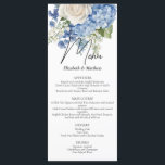 Menú Boda de rosas blancas de la hidrangea azul acuarel<br><div class="desc">Elegante diseño boda floral con acuarelas florales de flores de hortensias azules,  vegetación y rosas blancas.</div>