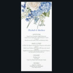 Menú Boda de rosas blancas de la hidrangea azul acuarel<br><div class="desc">Elegante diseño boda floral con acuarelas florales de flores de hortensias azules,  vegetación y rosas blancas.</div>