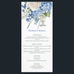 Menú Boda de rosas blancas de la hidrangea azul acuarel<br><div class="desc">Elegante diseño boda floral con acuarelas florales de flores de hortensias azules,  vegetación y rosas blancas.</div>