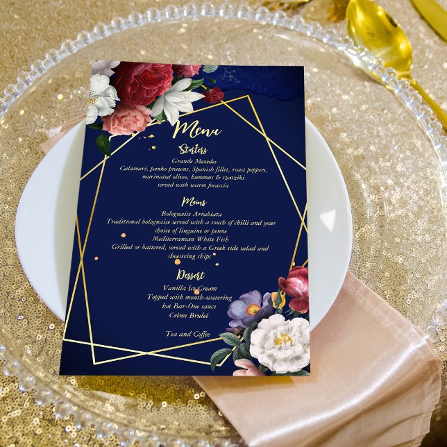 Menú boda de rosas burdeos azul marino (Subido por el creador)