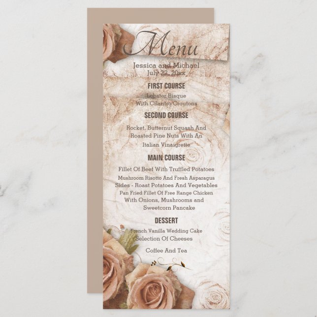 Menú Boda de Rosas de color suave (Anverso / Reverso)