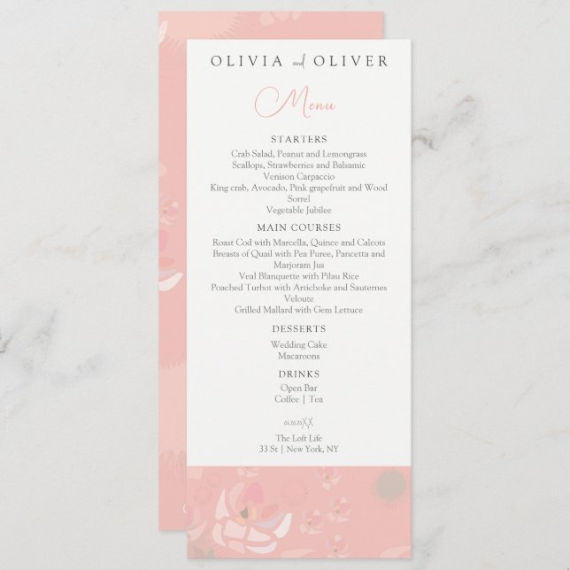 Menú Boda de Rosas de té suaves (Anverso / Reverso)