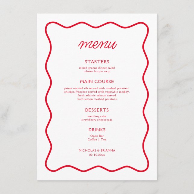 Menú Boda de San Valentín rojo y blanco retro ondulado (Anverso)