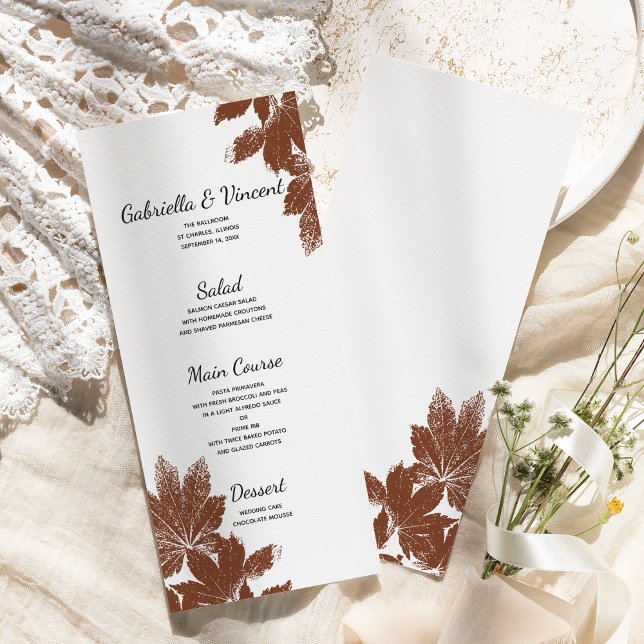 Menú Boda de sello de hoja de arce de otoño marrón (Fall in Love with this natural woodsy Autumn leaves menu.)