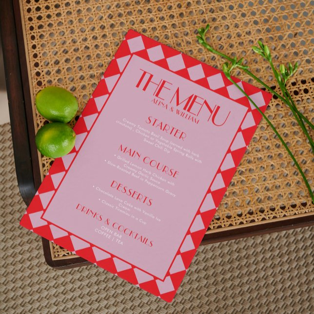 Menú Boda de tablero de ajedrez oscuro Funky Retro (Subido por el creador)