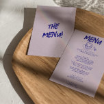 Menú Boda de tarta retro dibujado a mano moderna<br><div class="desc">Un colorido menú retro funky moderno de boda azul y violeta. Que presenta el diseño de la plantilla de moda de fondo lavanda y tipografía escrita en color azul negro. Con pastel y cuchillo dibujado a mano. Una perfecta y a juego con la suite.</div>