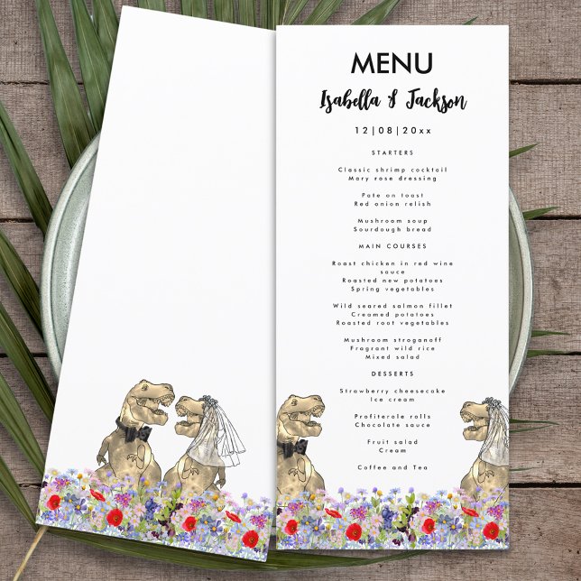 Menú Boda de temas de dinosaurios (Fun dinosaur themed wedding menu with T-Rex bride and groom in a colorful wildflower meadow )