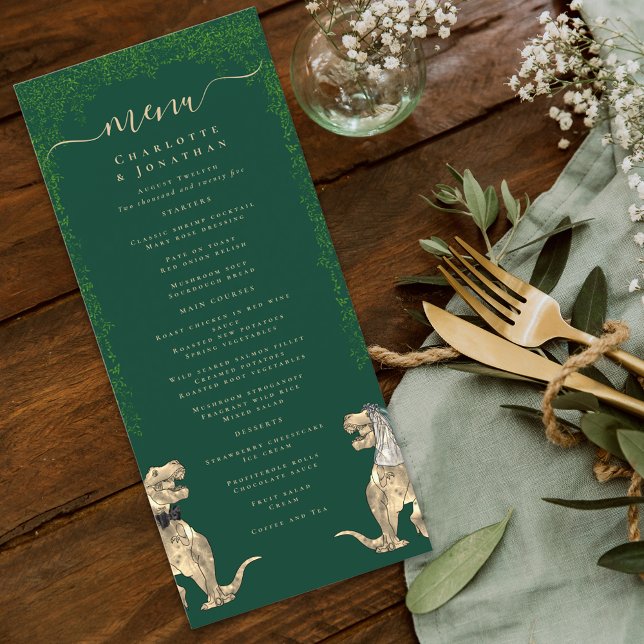 Menú Boda de temas de dinosaurios (dinosaur bride and groom dark green wedding menu watercolor T-Rex dino Jurassic eucalyptus foliage)
