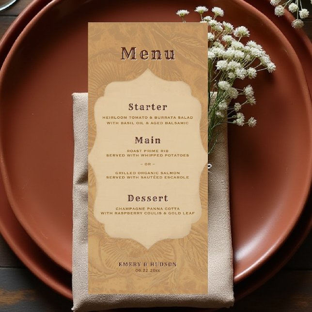 Menú Boda de Terracota Bronce Rústico Occidental Trabaj (country rustic cowboy wedding menu faux tooled leather terracotta bronze rust copper western barn)