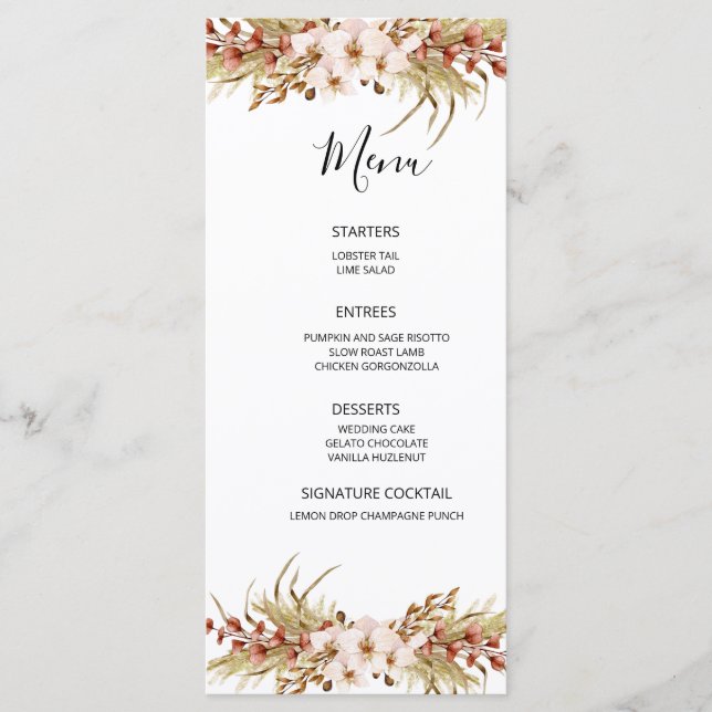 Menú Boda de terracota floral bohemio (Anverso)