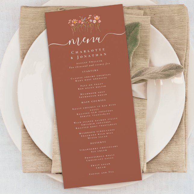 Menú Boda de Terracota Salvaje Bohemio de Otoño con Flo (Elegant boho fall Wildflower floral terracotta rust Wedding menu card)