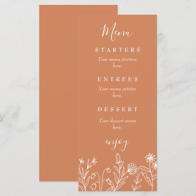 Menú Boda de terracota silvestre boho (Anverso / Reverso)