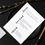 Menú Boda de texto vertical blanco y negro único<br><div class="desc">Menú Boda de texto vertical blanco y negro único con los nombres de los cónyuges y la fecha boda en la parte posterior. Todos los campos de texto y colores son personalizables en la herramienta de diseño.</div>