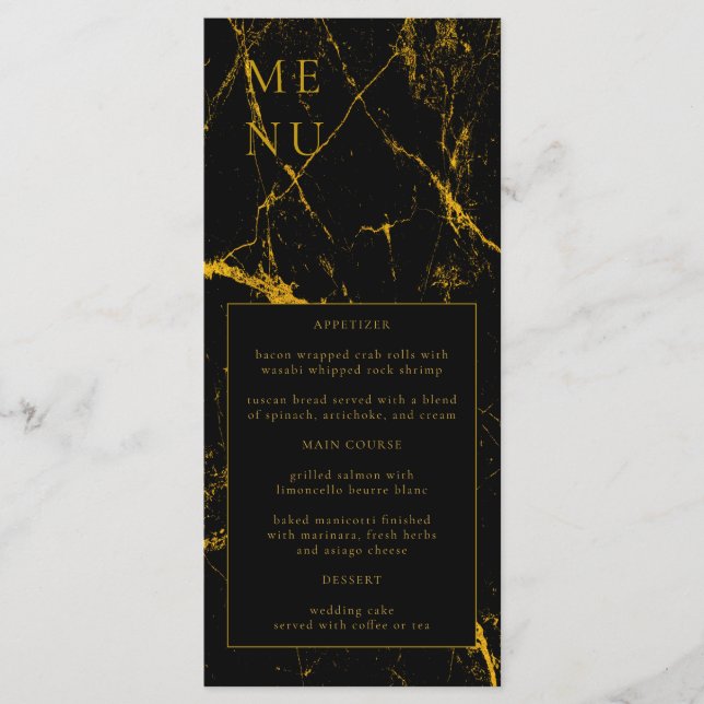 Menú Boda de textura de mármol de oro negro (Anverso)