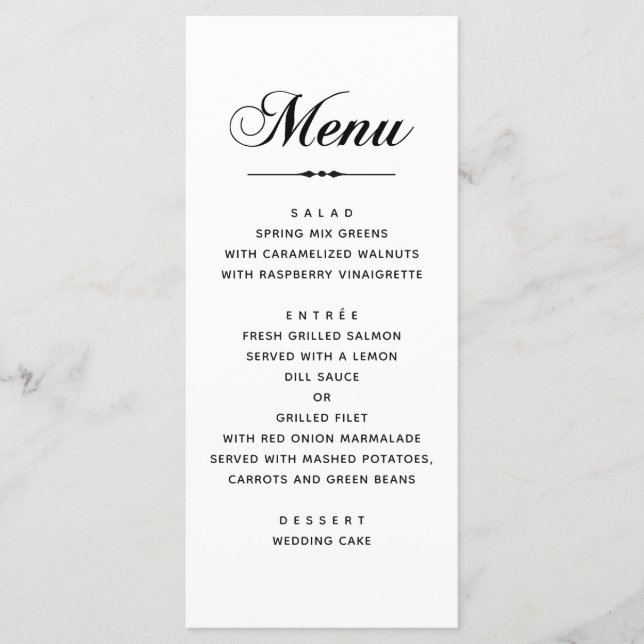 Menú Boda de tipografía clásica elegante en blanco y ne (Anverso)