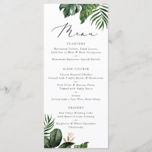 Menú Boda de tipografía moderna de hojas de palmera tro