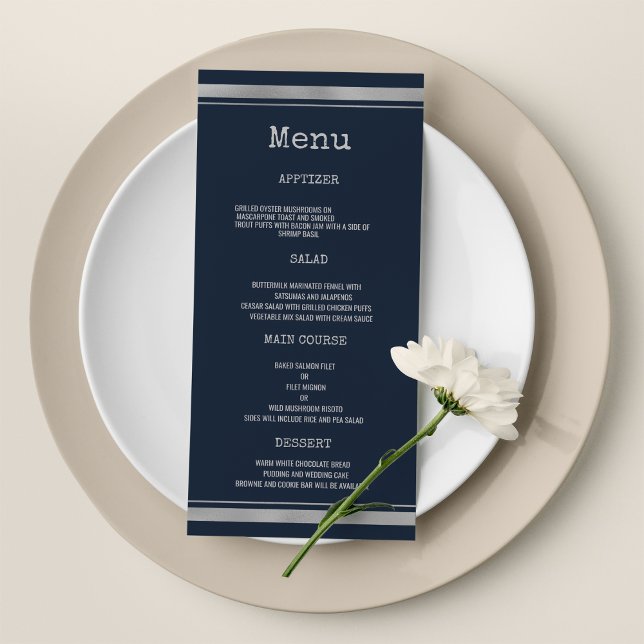 Menú Boda de tipos de letra de máquina de escribir (Navy blue silver typewriter font Wedding Menu)