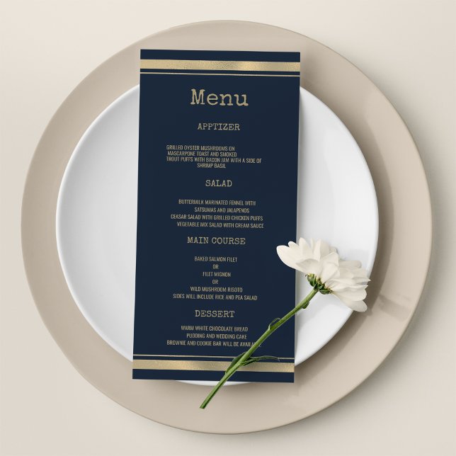 Menú Boda de tipos de letra de máquina de escribir (Navy blue gold typewriter font Wedding Menu)