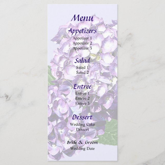 Menú Boda de Tres Clusters de Hidrangea Púrpura (Anverso)