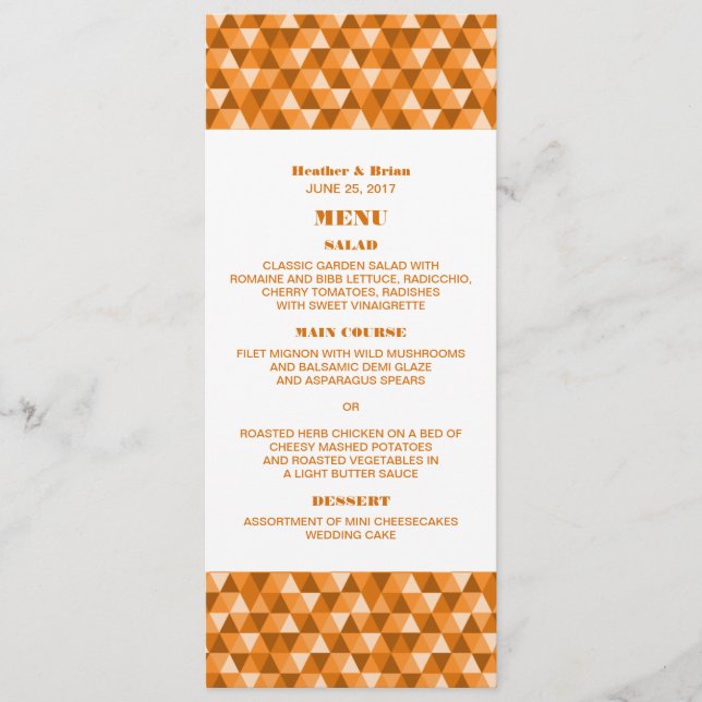 Menú Boda de triángulos geométricos naranja (Anverso)