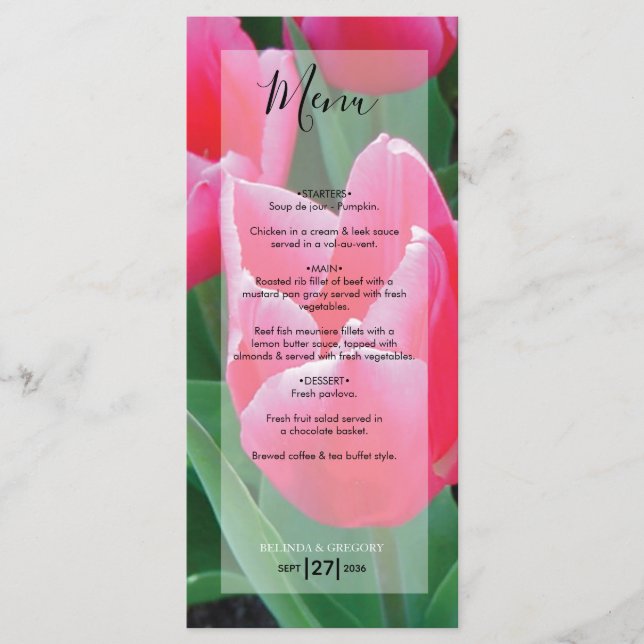 Menú Boda de Tulipanes Rosados Elegantes (Anverso)