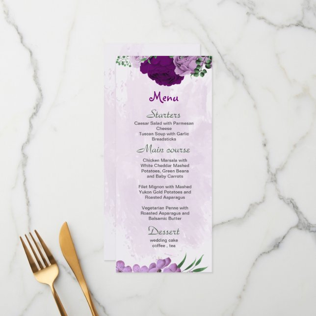 Menú Boda de vegetación de flores moradas (Anverso/Reverso In Situ)