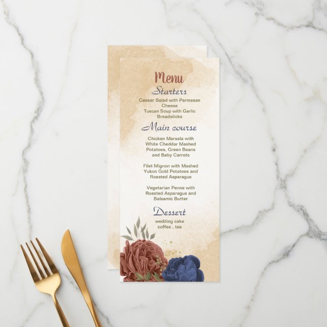 Menú boda de vegetación floral azul marino terracota (Anverso/Reverso In Situ)