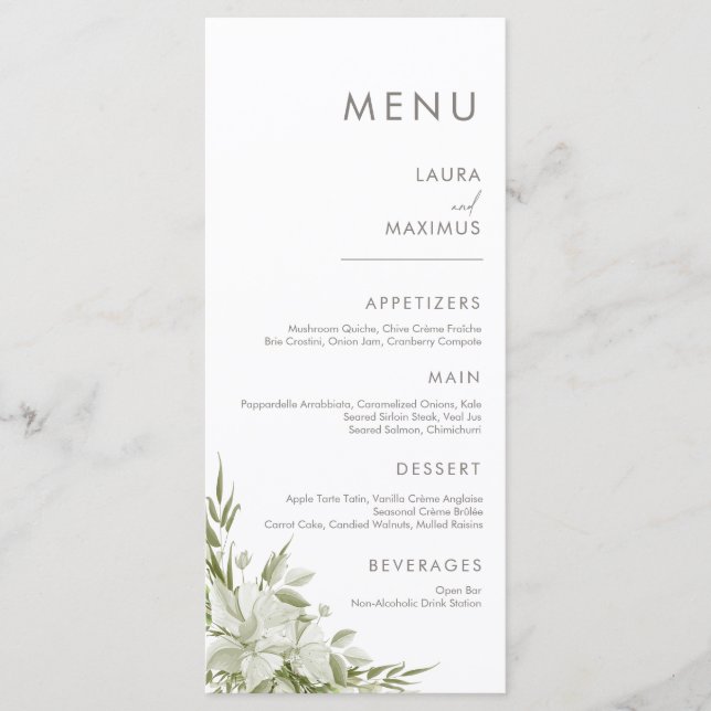 Menú Boda de vegetación floral blanca (Anverso)