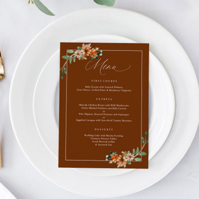 Menú Boda de vegetación Naranja quemada en esmeralda y  (Emerald and Rust Burnt Orange Wedding Menu for fall or winter weddings 5x7)