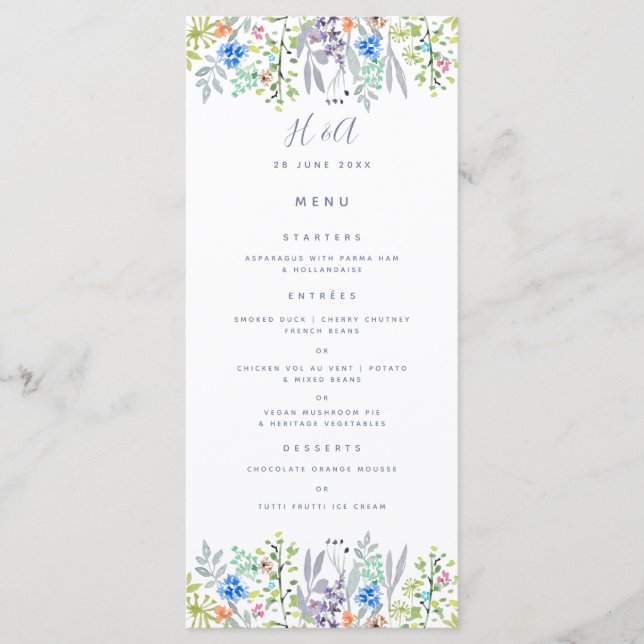 Menú Boda de vegetación rústica de Cornflower Desayuno (Anverso)