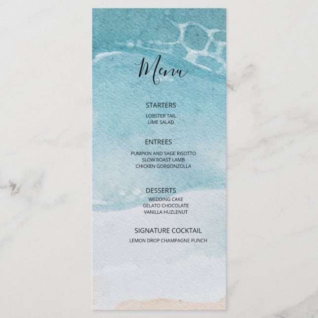 Menú Boda de verano azul en la playa (Anverso)