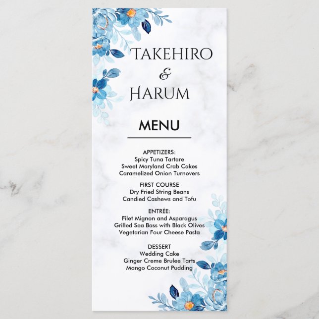 Menú Boda de verano con flores elegantes azules (Anverso)