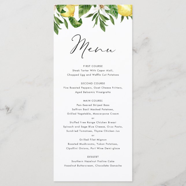 Menú Boda de verano con limón y verde acuarela (Anverso)