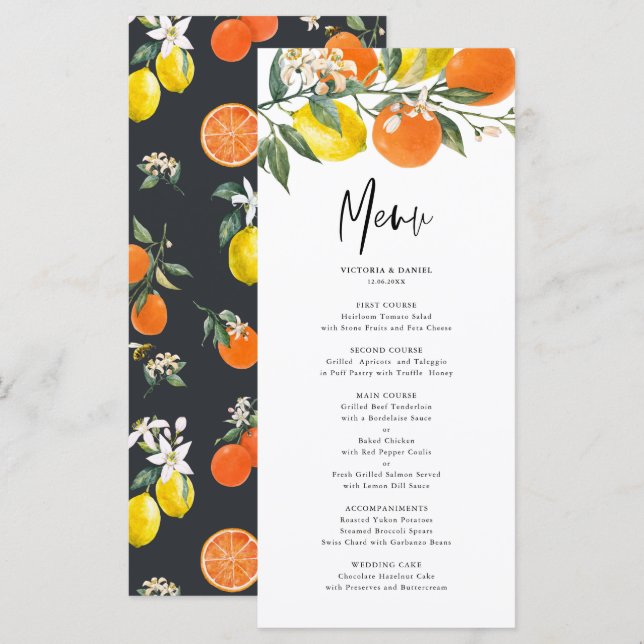 Menú Boda de verano de lémulos botánicos y Naranjas (Anverso / Reverso)