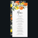 Menú Boda de verano de lémulos botánicos y Naranjas<br><div class="desc">Carta temática de Citrus perfecta para bodas de verano y otros eventos. Cuenta con ilustraciones acuáticos de naranjas,  limones,  flores de naranja y vegetación con un patrón cítrico a juego. Personalice esta tarjeta de menú botánico agregando nombres,  fecha,  hora y otros detalles del menú.</div>