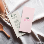 Menú Boda De Verano Divertido De Colorido Pastel Escrit<br><div class="desc">Un colorido menú retro funky moderno para la cena boda amarillo melocotón. El diseño de la plantilla de moda es de fondo rosa dulce boho y tipografía en negrita verde. Perfecto y concordante con el conjunto de la suite.</div>