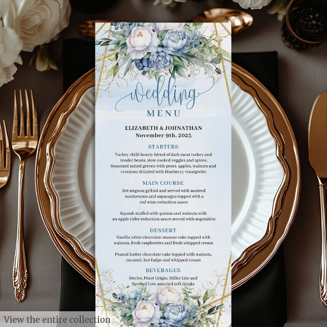Menú Boda de Verde con Marco de Brillo Dorado Azul Mode (Modern Blue Gold Glitter Frame Greenery Wedding Menu)
